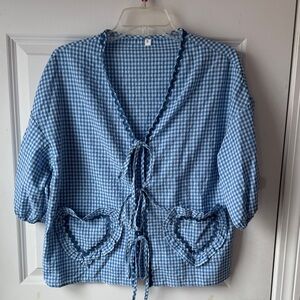 Blue Gingham Tie-Front Jacket with Heart Pockets